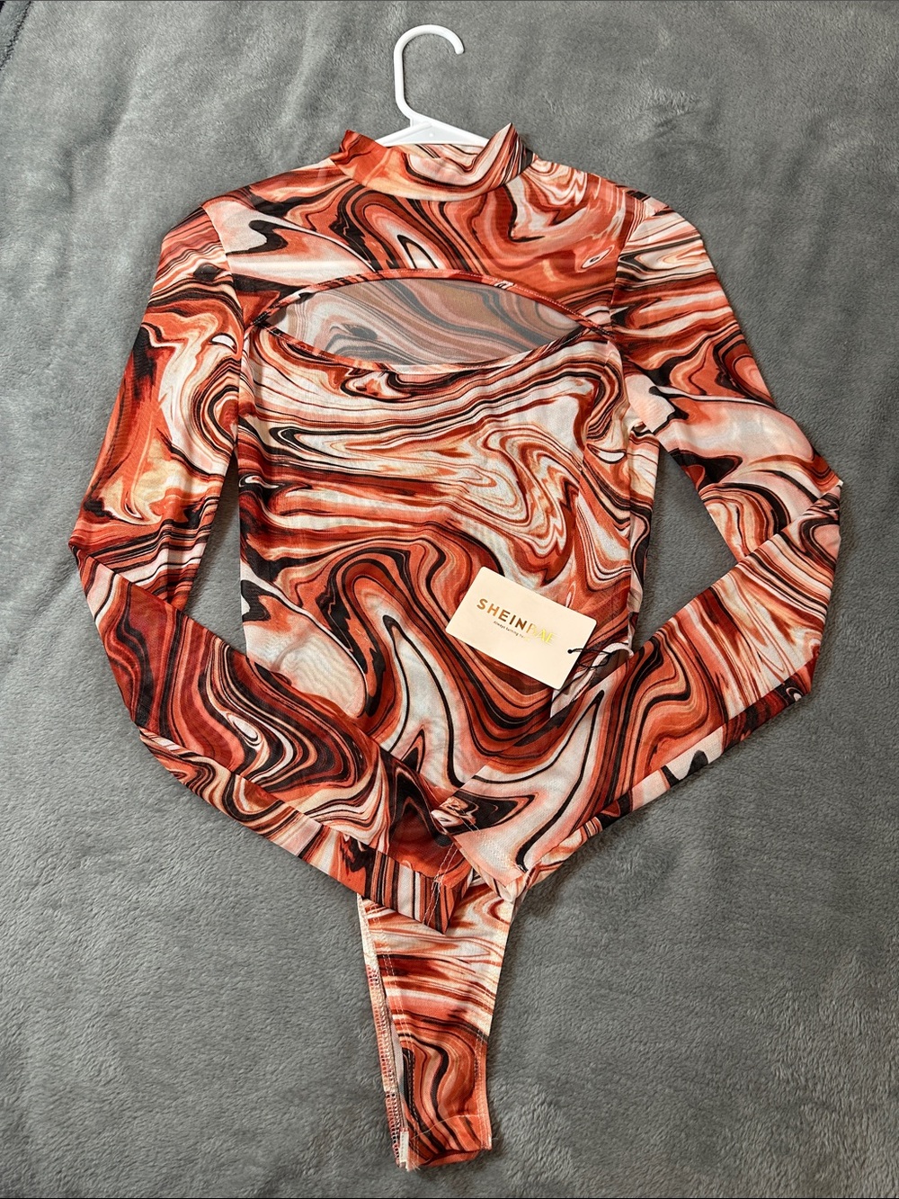 NWT SHEIN BAE Orange Swirl Cutout Long Sleeve MESH Bodysuit SZ S 🧡🤎 - Picture 5 of 10